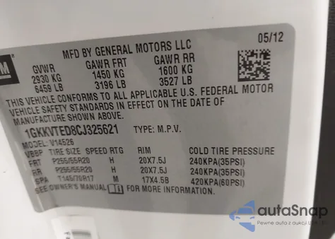 2012 GMC Acadia Denali z USA, uszkodzony, nr VIN 1GKKVTED8CJ325621